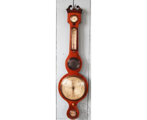 An early 19th century mahogany wheel barometer, with three silvered dials, mirror and thermometer, 96cm H CONDITION REPORT: T