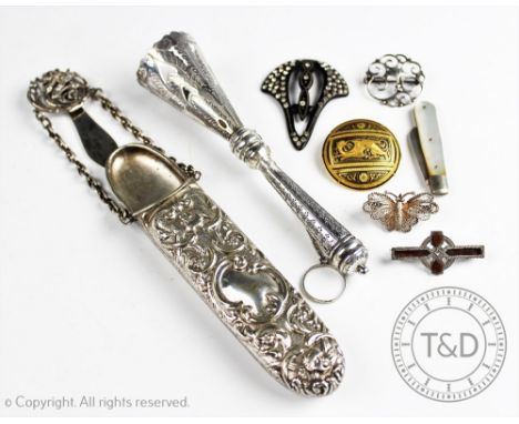 A collection of objects of virtue to include a silver plated posy holder, 16cm long, a silver plated chatelaine spectacles ca
