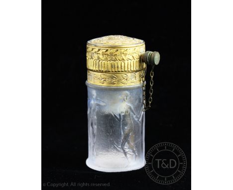 An R Lalique opalescent glass and gilt metal mounted atomiser, the cylindrical body decorated in relief with five dancing fem
