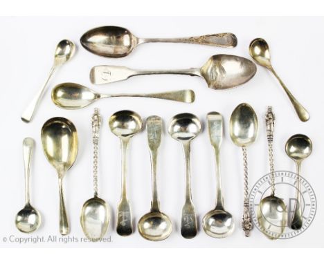 A collection of silver spoons to include a set of four George IV caddy spoons, Jonathan Hayne, London 1825, terminals engrave