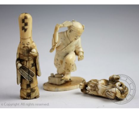 A Japanese carved ivory netsuke, Meiji period, modelled as a wailing figure, 5cm high and another modelled as a scholar 8.5cm