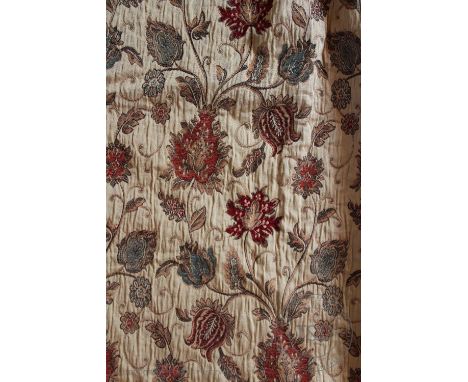 A pair of lined curtains, decorated with Persian style flowers against a gold coloured ground, 230cm x 230cm CONDITION REPORT