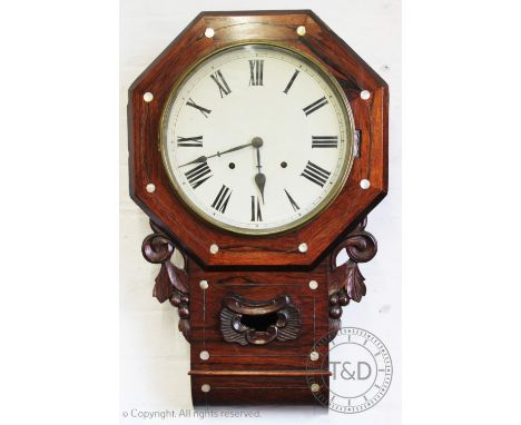 A 19th century mother of pearl inlaid rosewood drop dial wall clock, 68cm (as found)