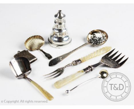 A selection of silver to include a Victorian sifter spoon, George Unite, Birmingham 1874, terminal with vacant cartouche, 14.