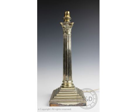 A late 19th century silver plated Corinthian column table lamp, with fluted column and stepped square base, 38cm high   CONDI