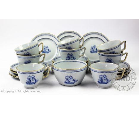 A modern Spode twenty five piece 'Brig' pattern part tea service, the cups and plates decorated with the 1820 Brig, the sauce