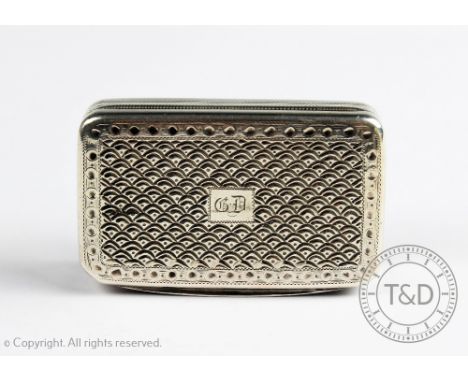 A George III silver snuff box, Matthew Linwood, Birmingham 1814, the rectangular box with engine turned and initialled hinged