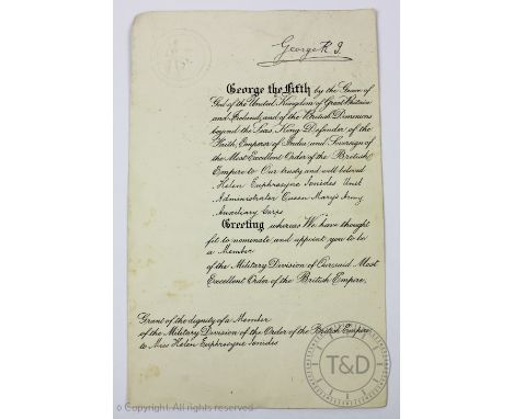 A George V Order of the British Empire citation to Helen Euphrosyne Ionides - Unit Administrator Queen Mary's Army Auxiliary 