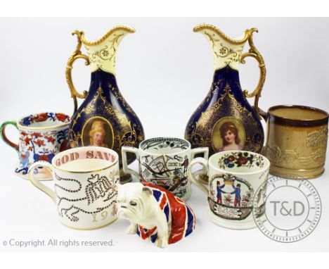 A pair of Coalport ewers depicting 'Jane Elizabeth Vicoutess Andova' and 'Mrs Dury' both pattern V.5930 on shape LS157, 31cm 