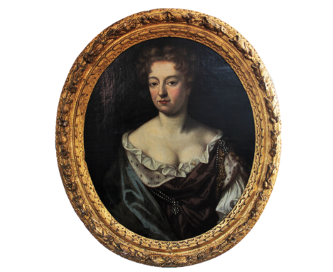 Manner of Sir Godfrey Kneller, 18th century oil on canvas, Portrait of Queen Anne, 73cm x 61.5cm, In gilt wood and gesso fram