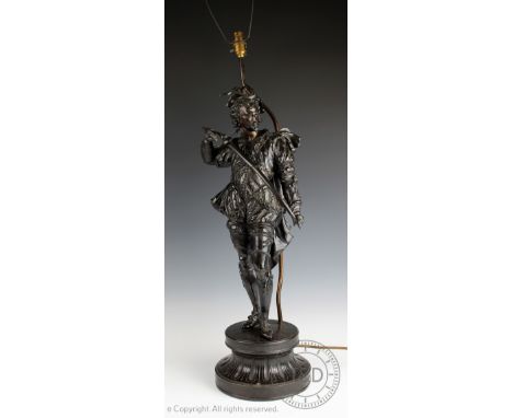 A late 19th century bronzed spelter figural lamp modelled as a cavalier, 75cm H (size excl. shade) (repairs - as found)   CON