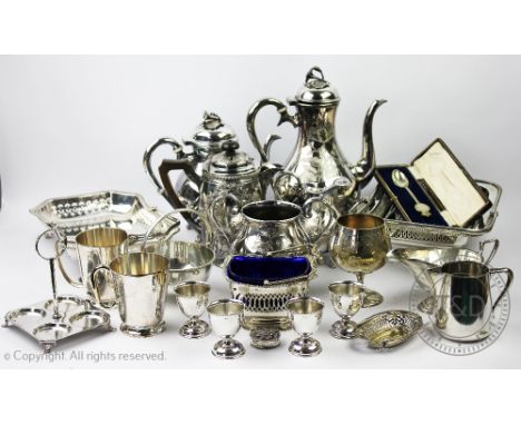 A selection of Victorian and later silver plated wares, to include a pierced rectangular bread basket, an entree dish and cov