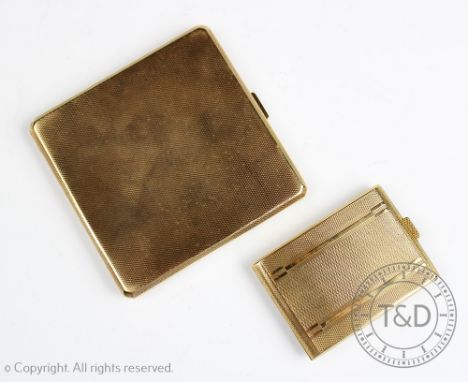 A 9ct yellow gold cigarette case Mappin and Webb, Birmingham 1926, with engine turned detail, 8cm x 8cm, weight 117gms and a 