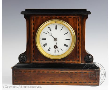 A late 19th century inlaid mantel clock, Henry Marc of Paris movement stamped '49251', white enamel dial with black Arabic nu
