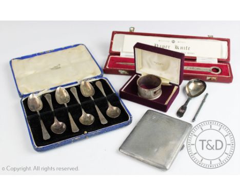 A selection of silver items, comprising a meat skewer letter opener, Sheffield 1979, six silver tea spoons, a cigarette case,