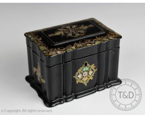 A 19th century lacquered papier mache two division tea caddy, with gilt and mother of pearl detailing, 11cm H x 16cm W x 11cm