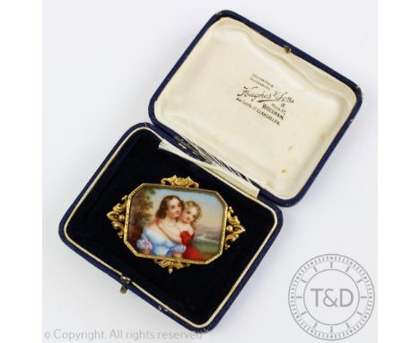 A miniature portrait set brooch early 19th century, the brooch set with a canted rectangular porcelain panel finely enamelled