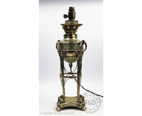 A 19th century silver plated oil lamp, converted for electricity, in Adam style, 47cm high    CONDITION REPORT:  Lighting lot