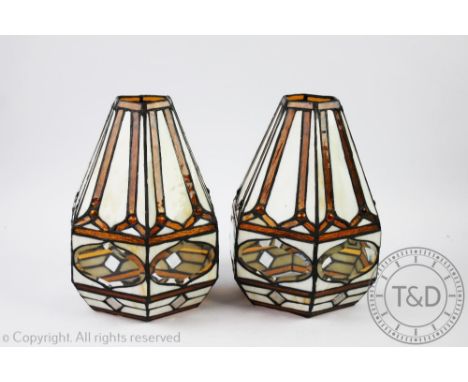 A pair of Art Deco style hall lanterns, each of hexagonal shape and with mottled and bevelled glass inserts, 26cm high   COND
