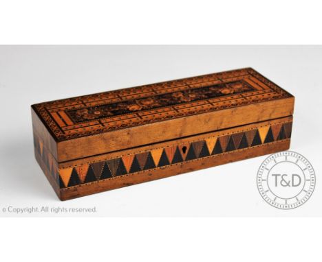 A late 19th century Tunbridge ware cribbage board box, in the manner of Thomas Barton, decorated with floral and parquetry de
