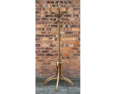 An early 20th century beech bent wood coat and hat stand, with turned finial and eight 'S' scroll hooks, on cluster column an