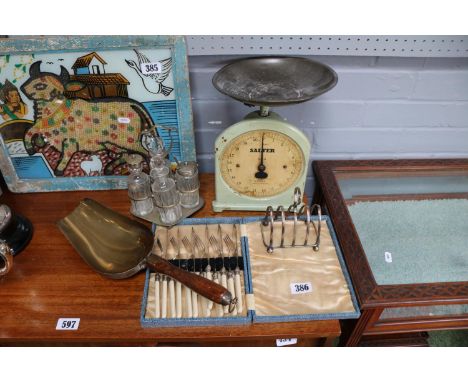 Collection of assorted Bygones to include Salter Scales, Money Shovel, Cruet set etc 