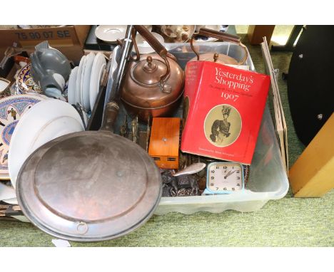Box of assorted Bygones to include Copper kettles, Mid Century Smiths Alarm clock etc 