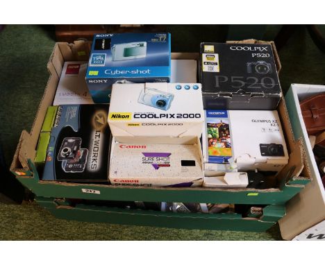 2 Boxes of assorted Cameras and accessories to include Cyber-shot Sony, Nikon Coolpix P520 etc