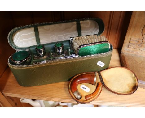 Silver mounted Pipe cased and a Art Deco Chrome travelling dressing table set 