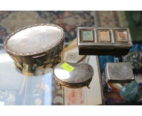 Oval Silver engraved dressing table jewellery box, Kidney Shaped Silver jewel box, Snuff box and a Stamp box 350g gross weigh