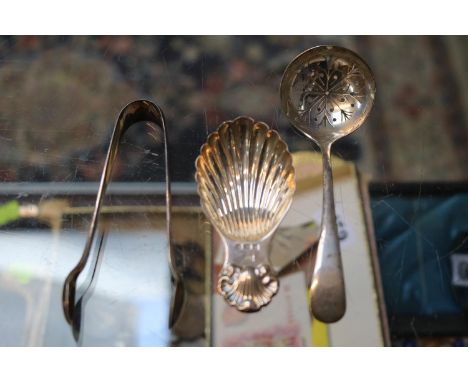 Good quality 20thC Silver Shell Caddy spoon, Pierced Silver caster spoon and a Pair of Silver Sugar tongs 