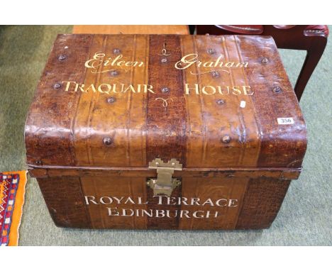 Antique Tin Travelling Trunk with hand painted script 'Eileen Graham Traquar House Royal Terrace Edinburgh 