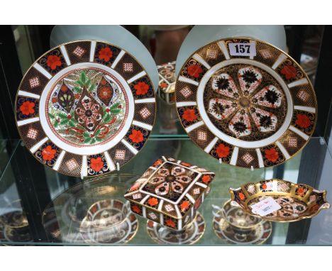 2 Royal Crown Derby Cabinet plates, Lidded Rectangular trinket pot 1128 XXXII and decorative dish 
