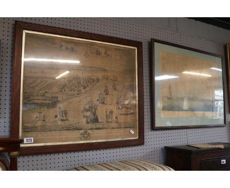 Oak Framed 18thC engraving a prospect of the Town &amp; Harbour of Harwich dedicated to the right Hon. Henry Lord viscount Li