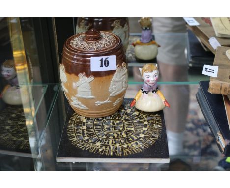 Doulton Harvest lidded Tobacco jar, Copenhagen tile and a Crown Staffordshire Pixie on a Toadstool 
