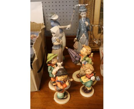 Collection of Hummel figures, Lladro Charlie Chaplin, Nao woman Golfer and Nao figure of a Girl 