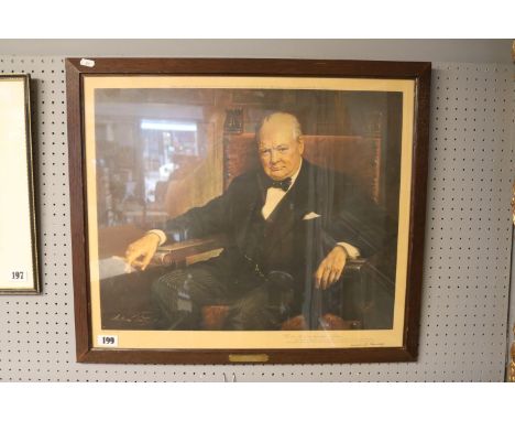 Winston Churchill framed print after Arthur Pan in oak frame with Plaque presented by John Bardolph 1950 with Facsimile signa