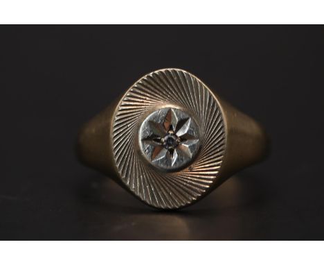 Gents 9ct Gold Diamond set signet ring Size R. 6.7g total 