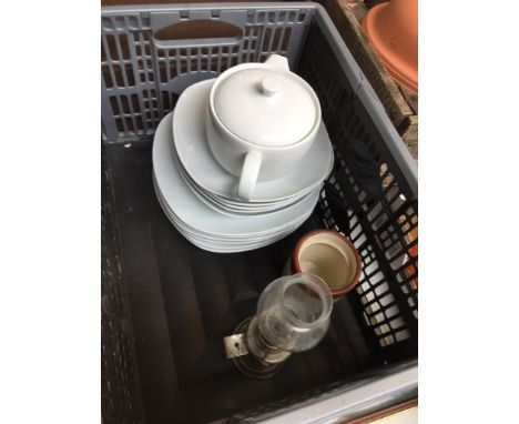 CRATE OF POTTERY AND A LAMP  T2