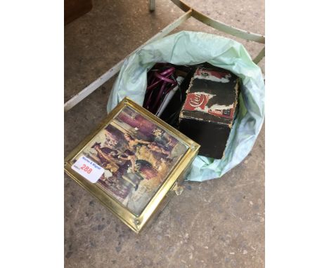 A BAG OF ITEMS INCLUDING TEA CADDY MINI IRON ETC