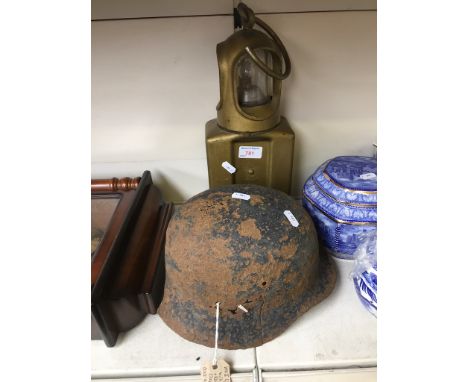 OLD BATTERY LAMP AND GERMAN 2ND WORLD WAR HELMET - AS SEEN     H4
