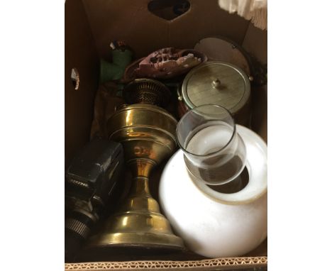 BOX OF MISC. BISCUIT BARREL TABLE LAMP, CINE CAMERA