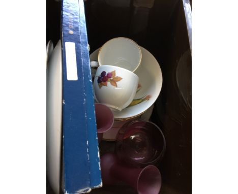 BOX INCUDING ROYAL WORCESTER EVESHAM DINNER WARE ETC