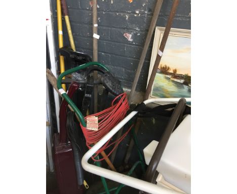 A MIXED LOT COMPRISING ROOF BARS, QUALCAST LAWN MOWER AND VARIOUS GARDEN TOOLS