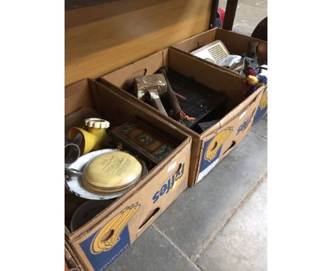 THREE BOXES OF TOOLS, A CAMERA, MINCER ETC.