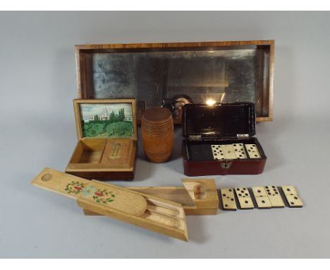 A Mirrored Walnut Shelf Together with Wooden Pencil Case, Lacquered Oriental Box Containing Dominoes, Treen Barrel and Musica