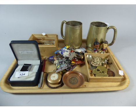 A Tray of Sundries to Include English and Foreign Coins, Pair of Tankards, Military Badges, Pocket Lighter, Pocket Watch etc
