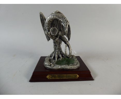 A 2001 One Year Only Myth and Magic Pewter Dragon Sculpture, Dragons Reflection on Wooden Plinth 