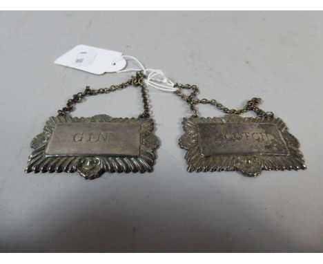 Two Silver Plated Decanter Labels, Gin and Scotch