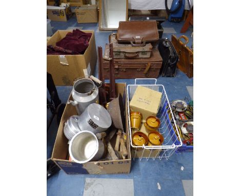 Two Boxes of Kitchen Ceramics, Pots Pans, Fence Posts, Wooden Mallets, Vintage Tools Etc